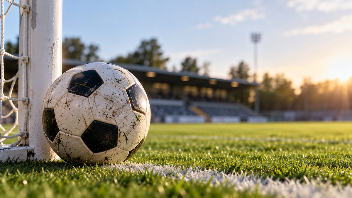 Fodbold ved målstolpen på en fodboldbane i aftensol